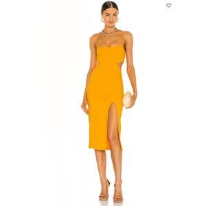 Hours Dress Womens Medium Haydon Midi Yellow Cutout Slit Party Modern Chic Sleek
